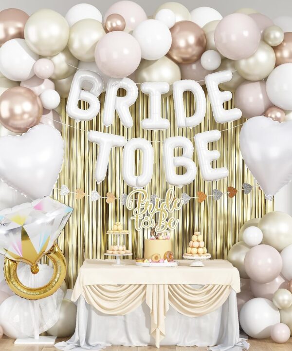White Gold Bachelorette Party Decorations, Bride To Be Mylar Foil Letter Balloons with White Champagne Balloons and Light Gold Fringe Curtains for Bridal Shower Decoration Engagement Hen Party Decor