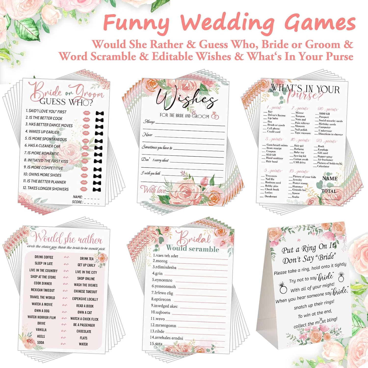 Sosation 331 Pcs Bridal Shower Games Supplies, 5 Sets (50 Cards Each) Wedding Games Cards, 1 Put a Ring on It Bridal Shower Game with 60 Rings and 20 Team Pencils for Wedding Engagement