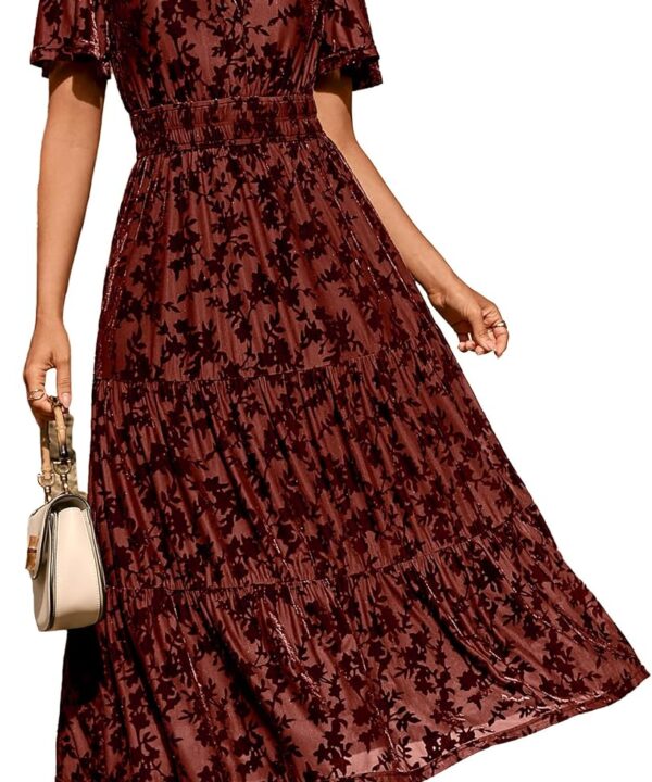 Amegoya Women's Velvet Short Sleeve V Neck Formal Wedding Guest Maxi Dresses Fall Evening Party Long Dresses