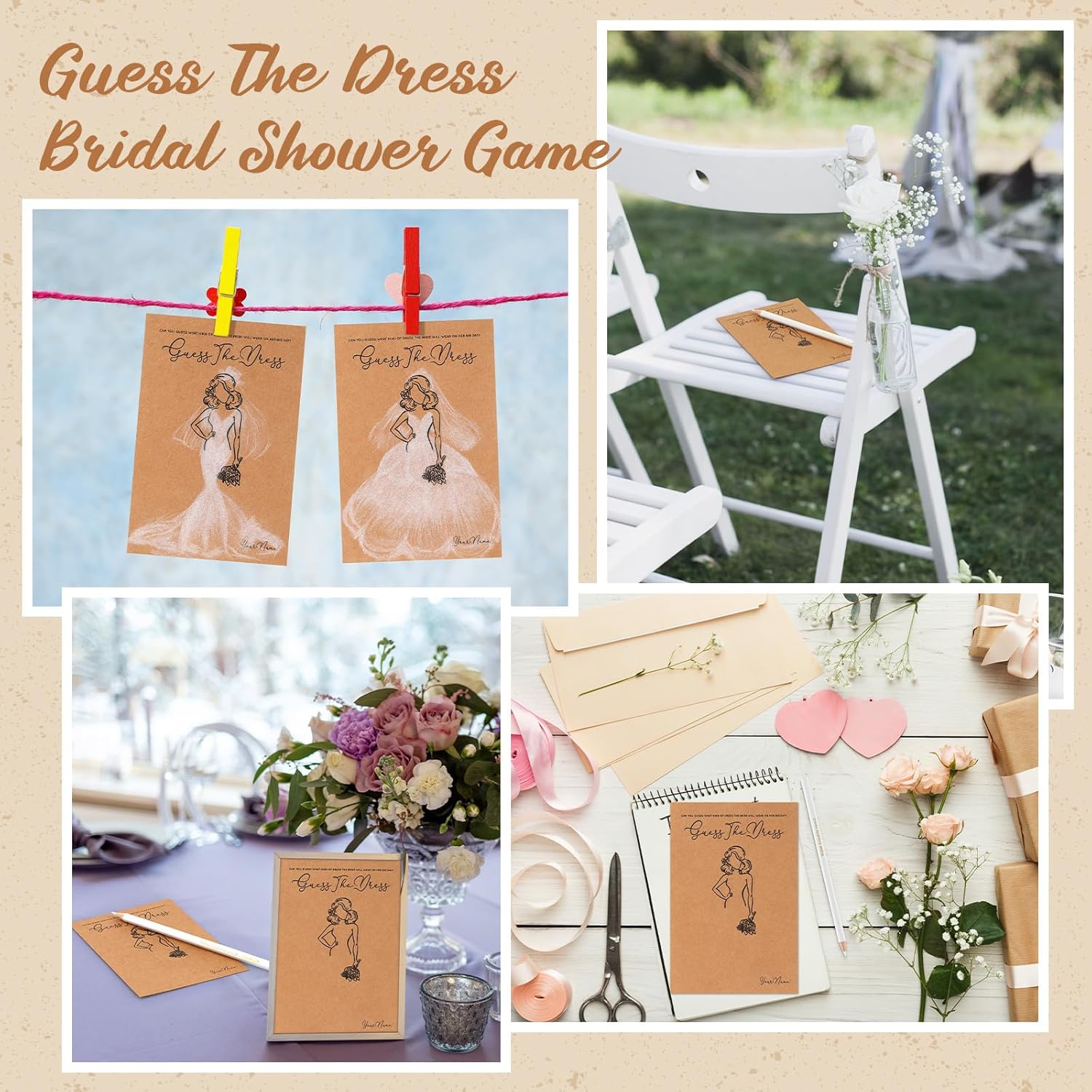 Fulmoon 30 Sets Guess The Dress Bridal Shower Games for Guests Include Wedding Shower Games Cards and Water Soluble Pencils Fun Wedding Decorations Party Ideas Supplies(Brown)