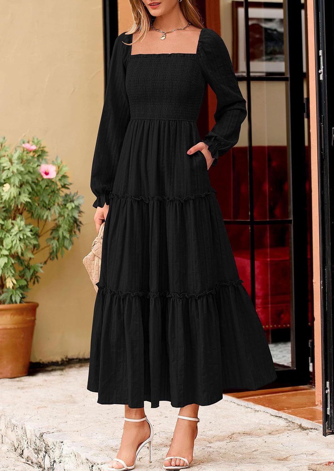 PRETTYGARDEN Fall Dresses for Women 2025 Casual Long Sleeve Smocked Ruffle Flowy Elegant Wedding Guest Maxi Dress Pockets