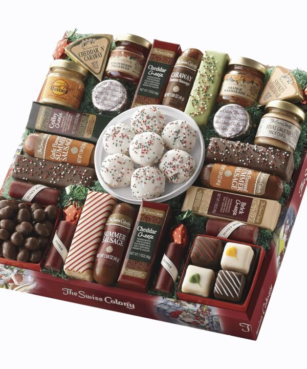 The Swiss Colony 27 Favorites Food Gift Set, Summer Sausage Meats and Cheeses, Assorted Chocolates, Candies, Petits Fours, Cheese & Charcuterie Board Gifts Basket, Holiday, Christmas - Holiday Red Box