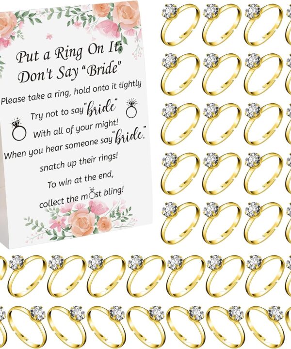 Woanger Put a Ring on It Bridal Shower Game with 50 Fake Rings, Rustic Greenery Theme Wedding Shower Games Wedding and Engagement Rings and Not Say Bride Rules Cards(Bright Flowers,Gold)