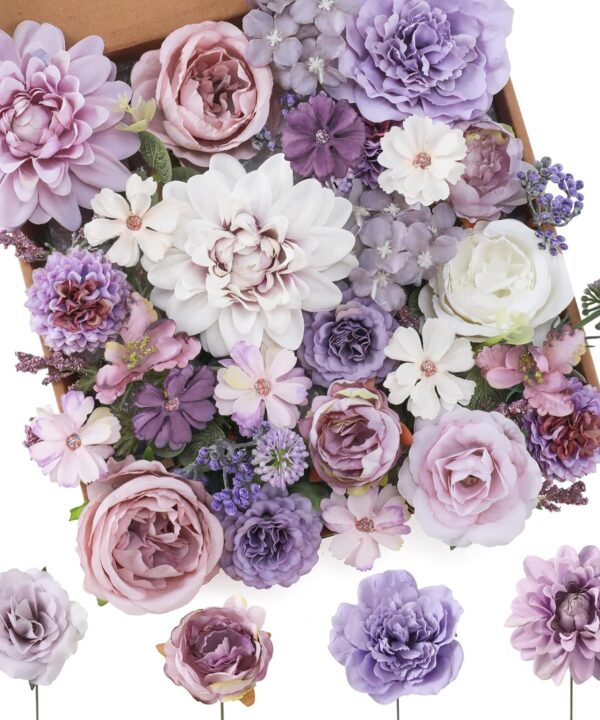 Floweroyal Artificial Flowers Combo Purple Flowers Mix Silk Flowers Dahlia Roses with Stems for DIY Wedding Bridal Bouquets, Baby Shower, Floral Arrangement, Table Centerpieces, Home Decorations.