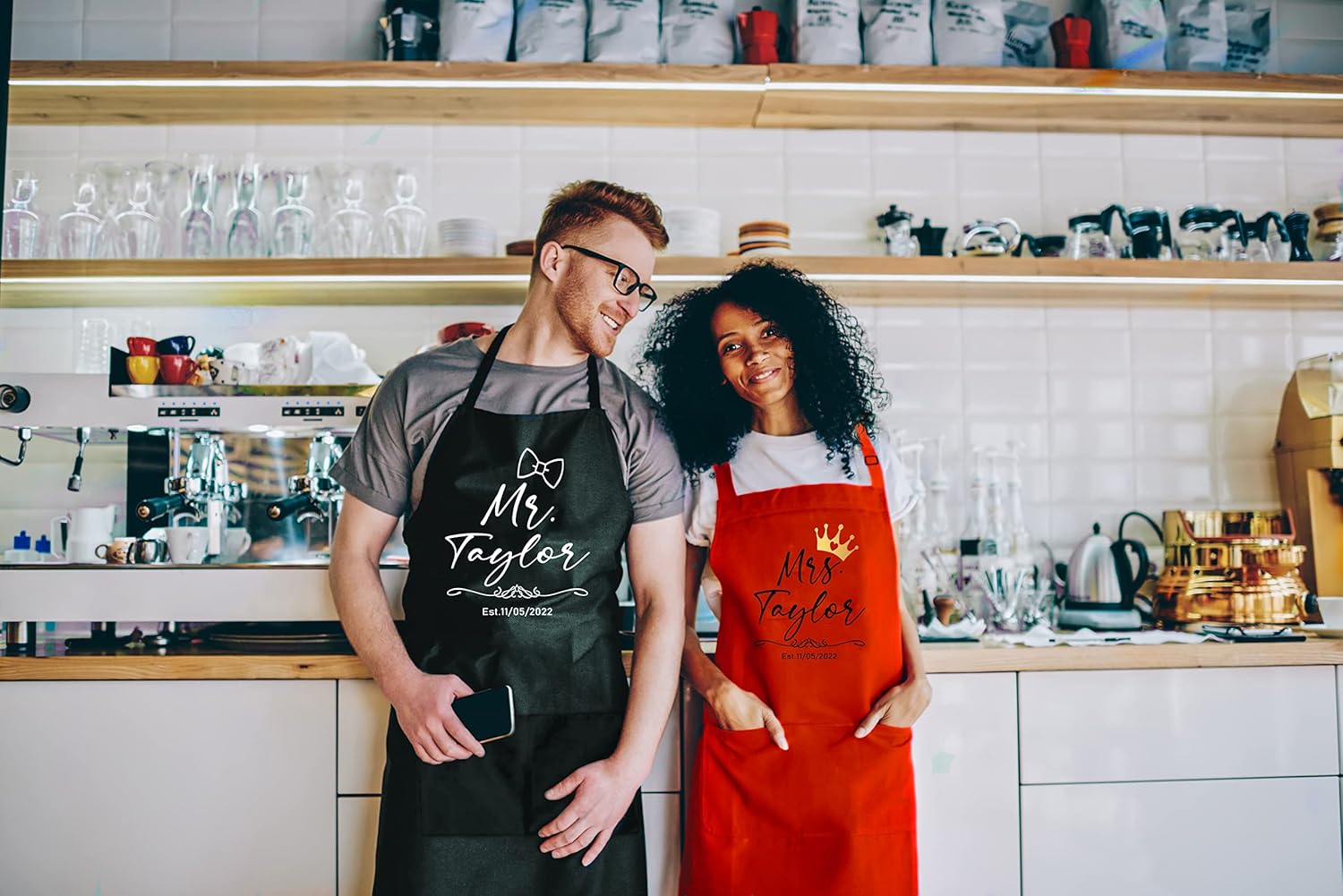 Mr. & Mrs. Custom Name Aprons – Personalized Couples Aprons with Date, Matching Cooking Aprons for Wedding, Engagement, Anniversary, Bridal Shower Gifts, Valentines Day Kitchen Gift for Him and Her