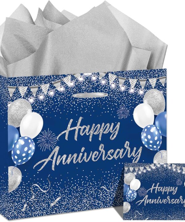 Blue Silver Party Gift Bag with Tissue Papers and Card, Wedding Paper Gift Wrapping Paper Bag11.8'' for Men Women Anniversary Party, Wedding Party Supplies