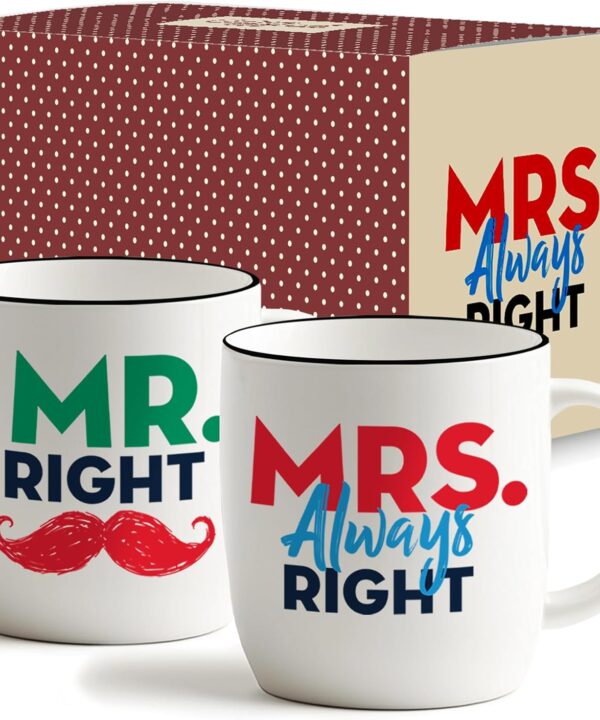 Triple Gifffted Mr Right Mrs Always Right Coffee Mugs Gifts Ideas for Couples, Wedding Anniversary, Engagement, Christmas, His & Hers, Bride and Groom, Parents, Newlyweds Bridal Shower, Ceramic 380ml