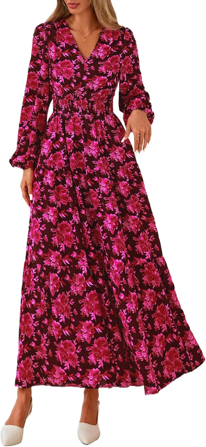 PRETTYGARDEN Long Sleeve Maxi Fall Dresses for Women 2025 Vneck Smocked Boho Floral Tiered Swing Flowy Wedding Guest Dress