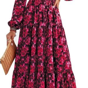 PRETTYGARDEN Long Sleeve Maxi Fall Dresses for Women 2025 Vneck Smocked Boho Floral Tiered Swing Flowy Wedding Guest Dress