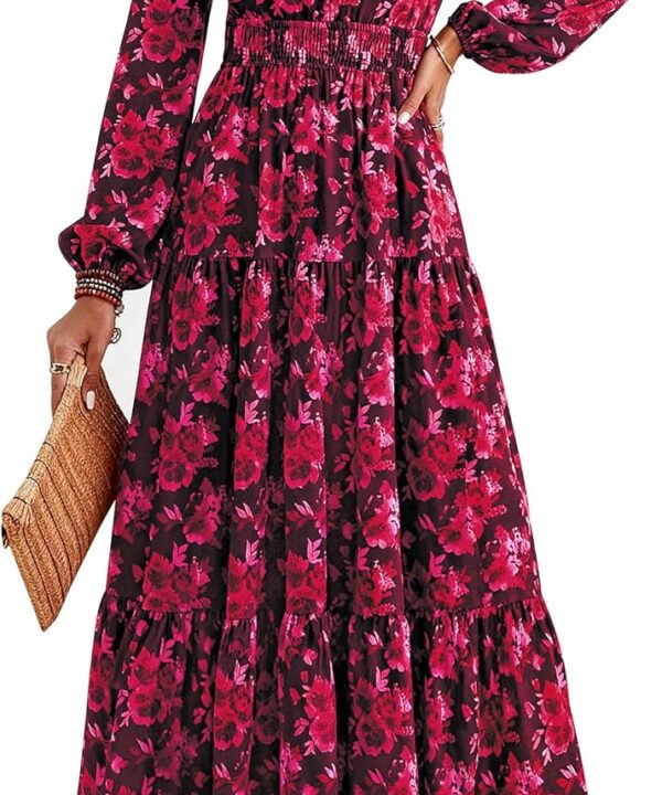 PRETTYGARDEN Long Sleeve Maxi Fall Dresses for Women 2025 Vneck Smocked Boho Floral Tiered Swing Flowy Wedding Guest Dress