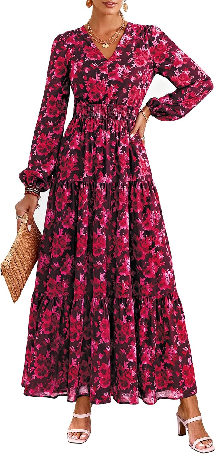 PRETTYGARDEN Long Sleeve Maxi Fall Dresses for Women 2025 Vneck Smocked Boho Floral Tiered Swing Flowy Wedding Guest Dress