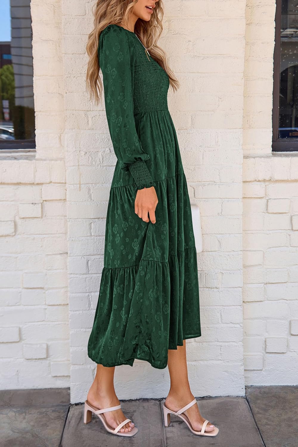 PRETTYGARDEN Womens Fall Spring Midi Dress Long Sleeve Floral Smocked Elegant Wedding Guest Long Flowy Dresses with Pockets