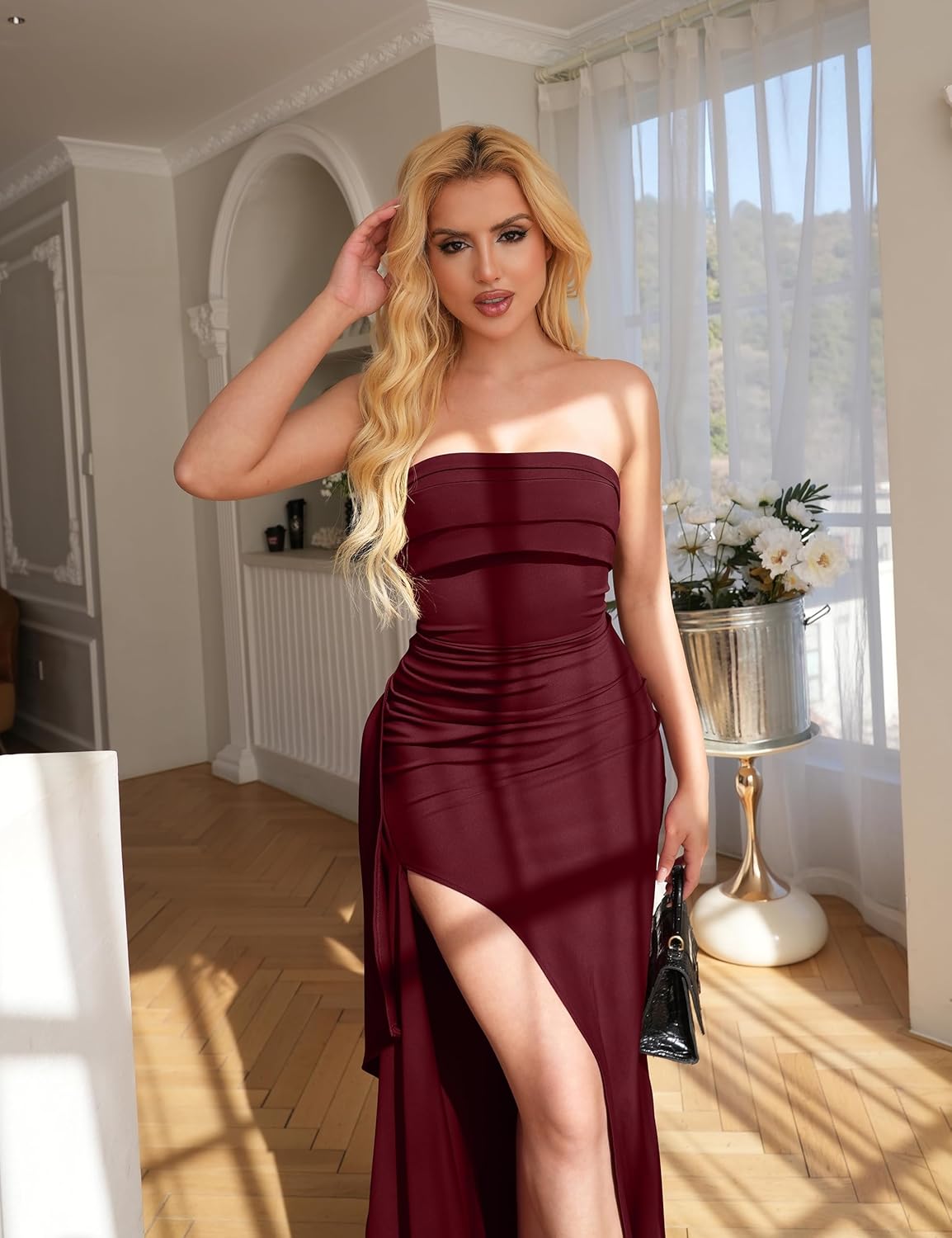 YMDUCH Womens Elegant Strapless Bodycon Ruched Ruffle High Split Long Formal Evening Dress