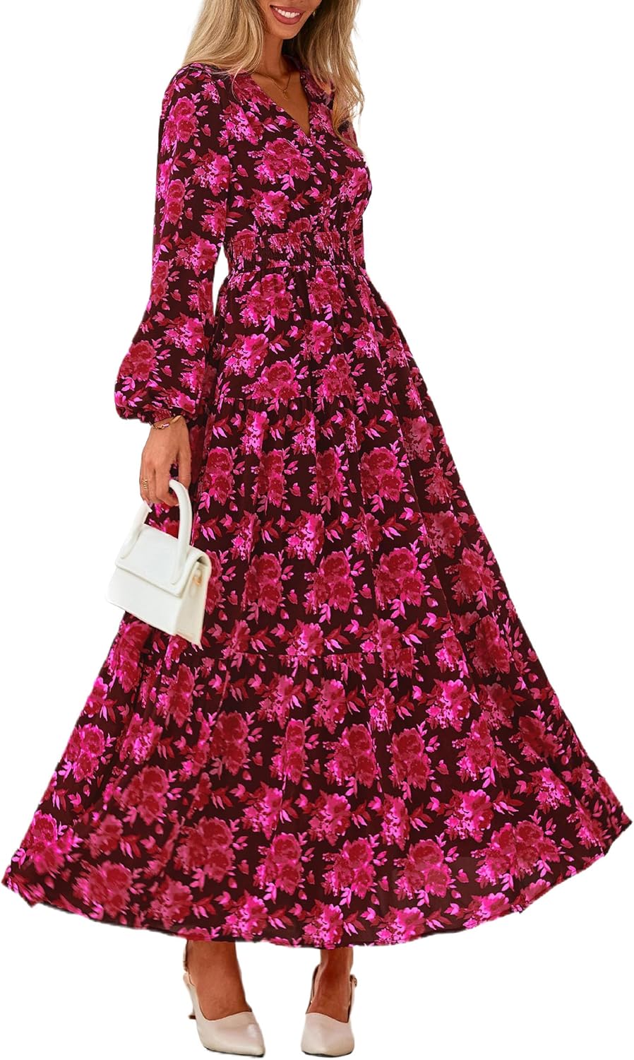 PRETTYGARDEN Long Sleeve Maxi Fall Dresses for Women 2025 Vneck Smocked Boho Floral Tiered Swing Flowy Wedding Guest Dress