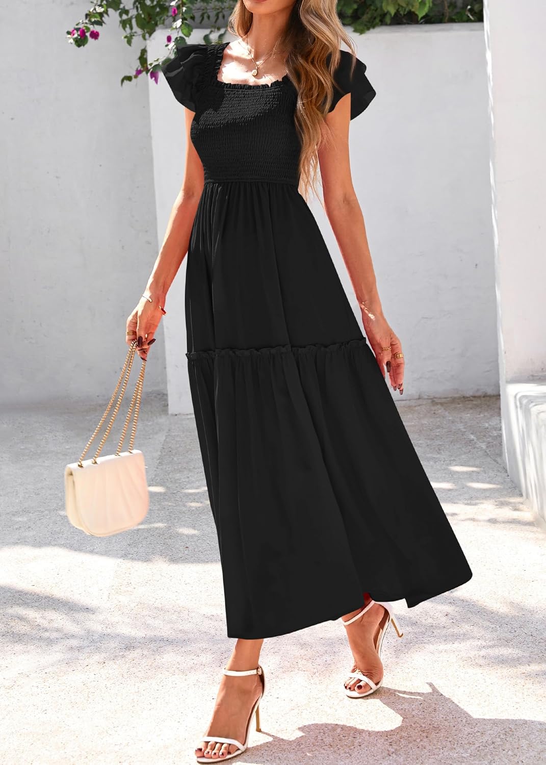 KIRUNDO Smocked Summer Dresses for Women 2025 Wedding Guest Midi Flowy Ruffle Short Sleeve Square Neck Tiered Sundress