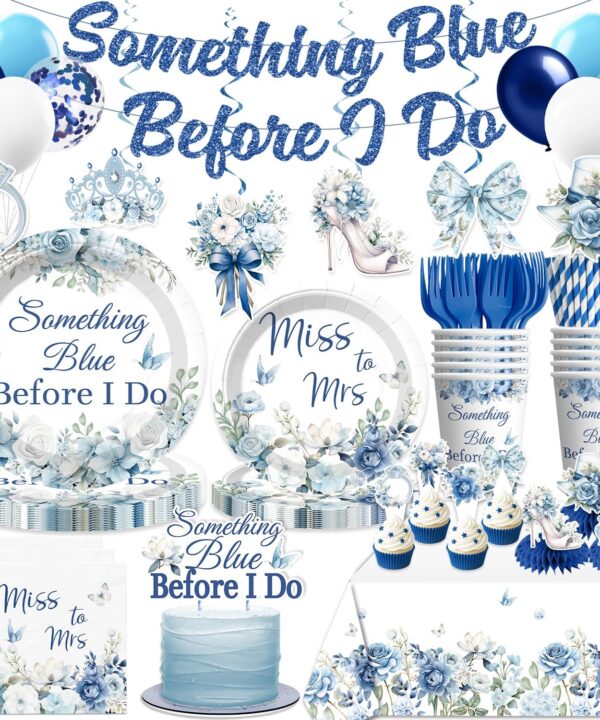 Xynic 171pcs Something Blue Before I Do Bridal Shower Decorations, with Pre-threaded Banner 40 Thickened Plates and 2 Tablecloths, 20-pack Disposable Paper Tableware for Blue Bridal Shower