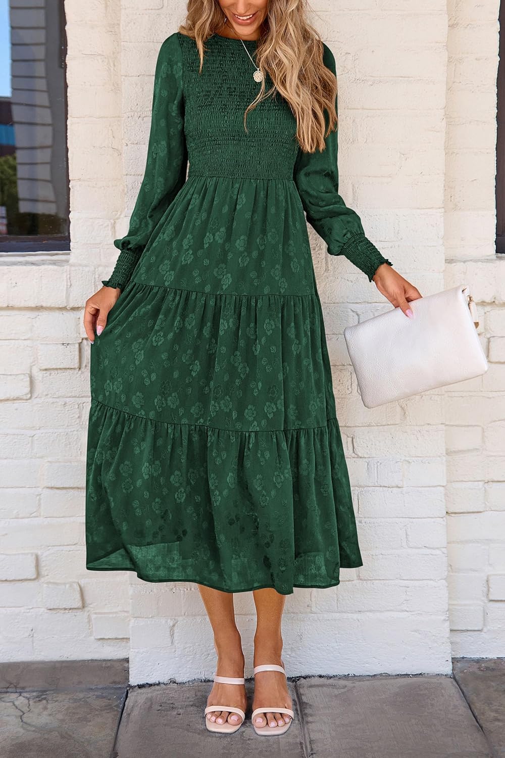 PRETTYGARDEN Womens Fall Spring Midi Dress Long Sleeve Floral Smocked Elegant Wedding Guest Long Flowy Dresses with Pockets