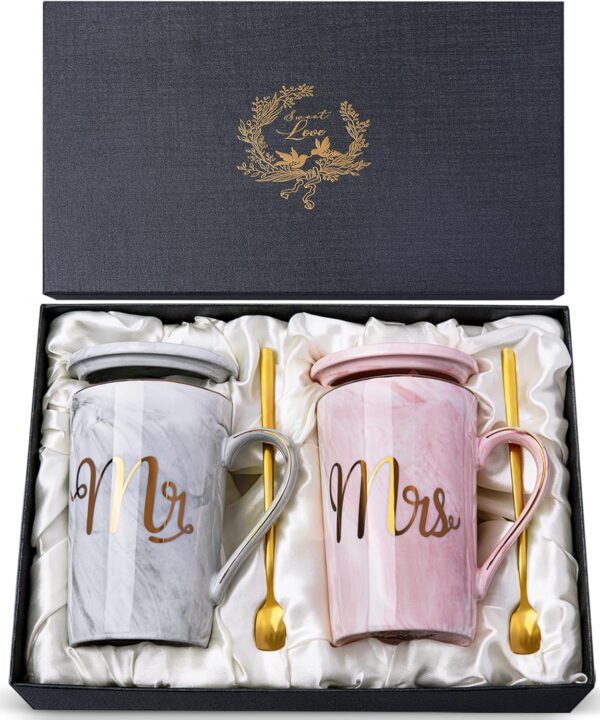Biching Wedding Gifts for Couples 2025, Couple Gift for Anniversary - 14oz Ceramic Marble Mr and Mrs Mugs Set, Present for Bridal Shower Engagement Bride and Groom, with Greeting Card, Luxury Gift Box