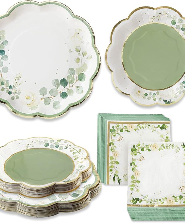 Kate Aspen Sage Green Party Decorations, Eucalyptus Floral Botanical Garden 62 Piece Plates and Napkins Party Supplies (16 Guests) Greenery Baby Shower Decorations & Bridal Shower Decor