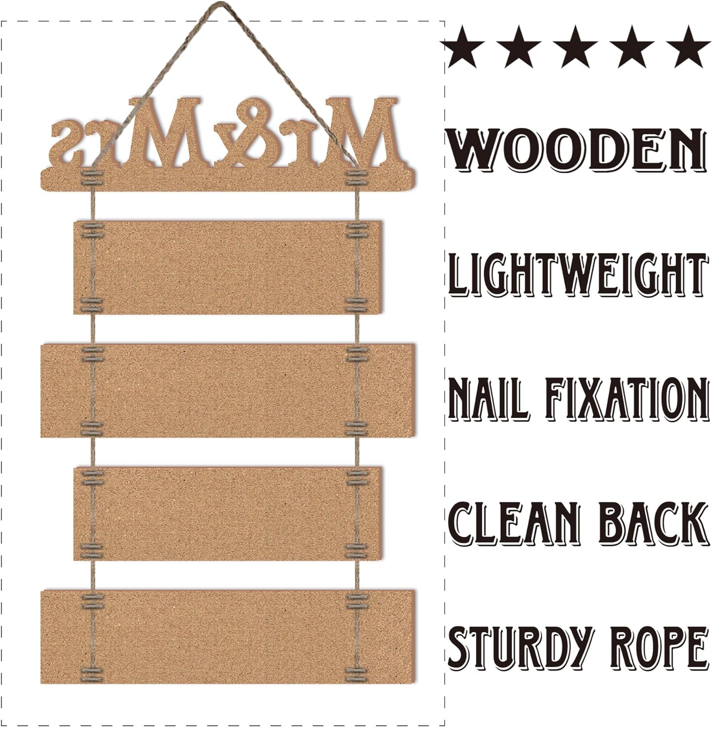 Mr & Mrs Rustic Wall Collage Sign with 5pcs Panels Strung Together – Marriage Wedding Engaged Anniversary Shower Farmhouse Distressed Wall Decor – Sweet Warming Gifts for Wife Husband Couples