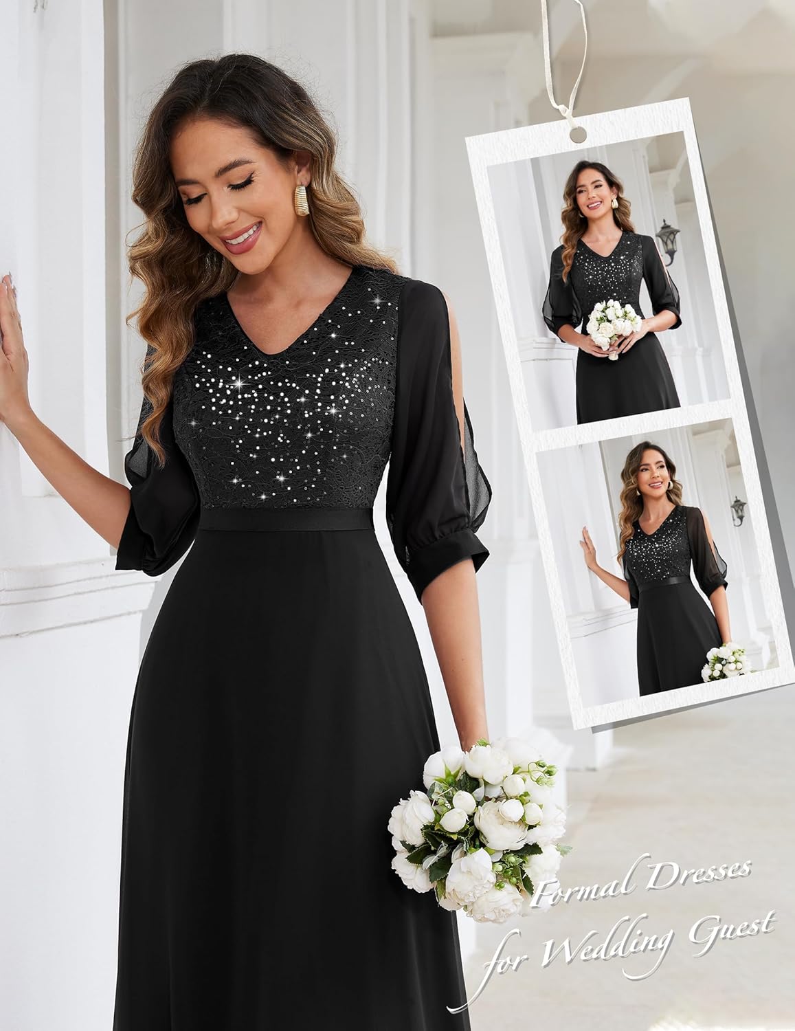 Wedtrend Womens Sequin Dresses Sparkly Glitter Dress Split Sleeves Formal Dresses Maxi Evening Dress