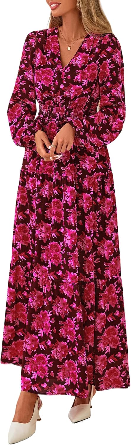 PRETTYGARDEN Long Sleeve Maxi Fall Dresses for Women 2025 Vneck Smocked Boho Floral Tiered Swing Flowy Wedding Guest Dress