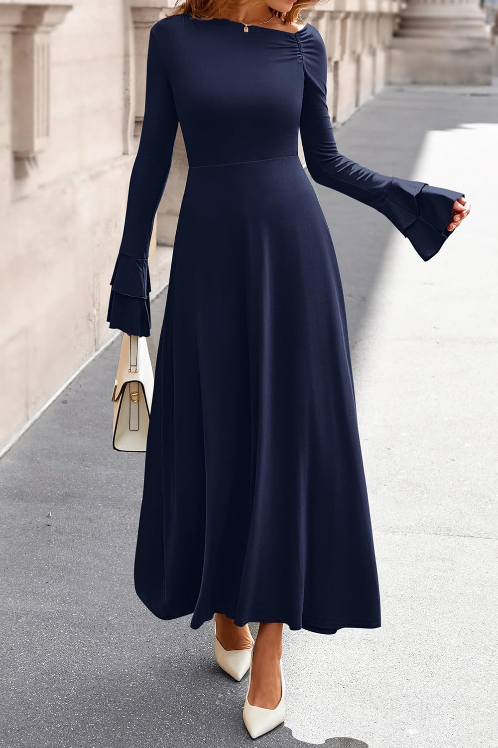 PRETTYGARDEN Womens Dresses Formal Off The Shoulder Long Sleeve Ruched Knit A-Line Maxi Wedding Guest Dress Fall Clothes