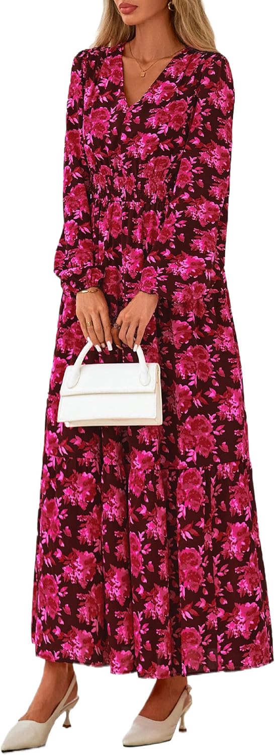 PRETTYGARDEN Long Sleeve Maxi Fall Dresses for Women 2025 Vneck Smocked Boho Floral Tiered Swing Flowy Wedding Guest Dress