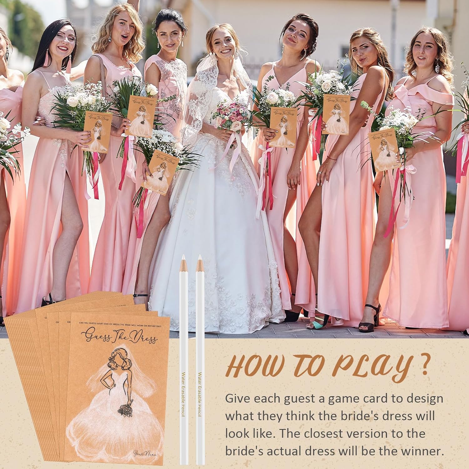 Fulmoon 30 Sets Guess The Dress Bridal Shower Games for Guests Include Wedding Shower Games Cards and Water Soluble Pencils Fun Wedding Decorations Party Ideas Supplies(Brown)