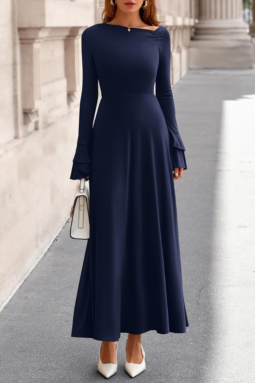 PRETTYGARDEN Womens Dresses Formal Off The Shoulder Long Sleeve Ruched Knit A-Line Maxi Wedding Guest Dress Fall Clothes