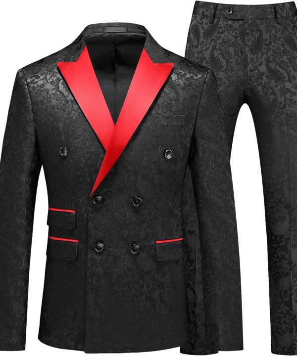 MOGU Mens 2 Piece Double Breasted Tuxedo Slim Fit Jacquard Floral Vintage Groomsmen Wedding Prom Suit