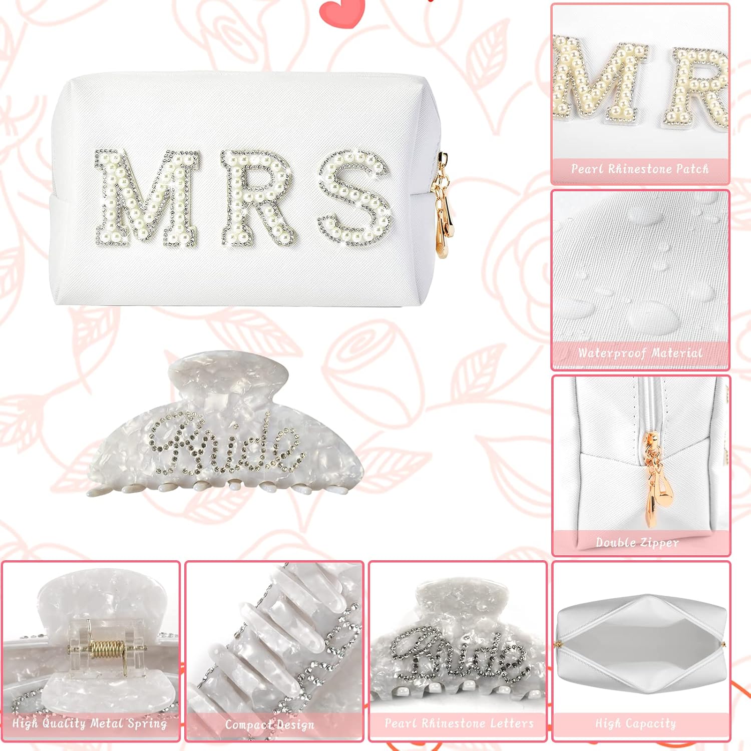 Bride To Be Gift Set Bride Makeup Bag I Do Bride Slippers Bride Robe Bride Hair Clip Bride Gifts Wedding Gifts (Slippers+Makeup Bag+Clip)