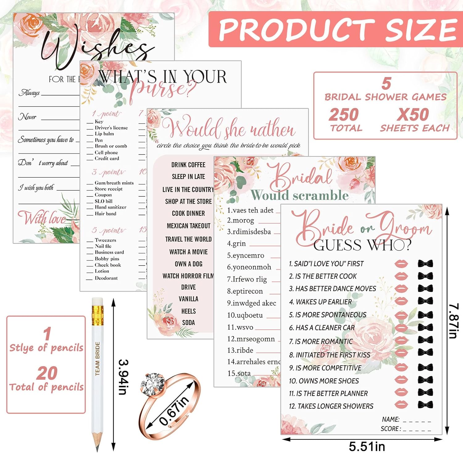 Sosation 331 Pcs Bridal Shower Games Supplies, 5 Sets (50 Cards Each) Wedding Games Cards, 1 Put a Ring on It Bridal Shower Game with 60 Rings and 20 Team Pencils for Wedding Engagement
