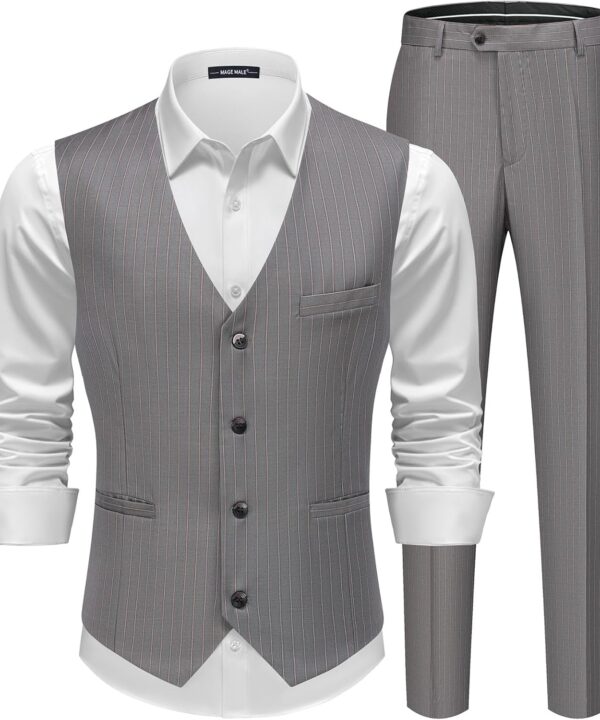 MAGE MALE Men's Pinstripe Suit 2 Piece Vest and Pants Set Wedding Groomsmen Summer Slim Fit Formal Prom Tuxedo
