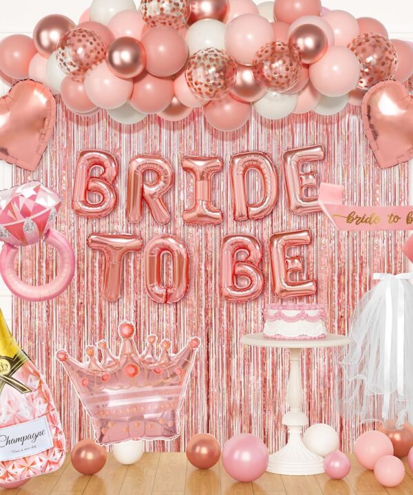 Ouddy Life Rose Gold Bachelorette Party Decorations, Bride to Be Bridal Shower Decoration with Crown Champagnes Diamond Ring Heart Foil Balloons, Veil Sash, Fringe Curtains Engagement Wedding Supply