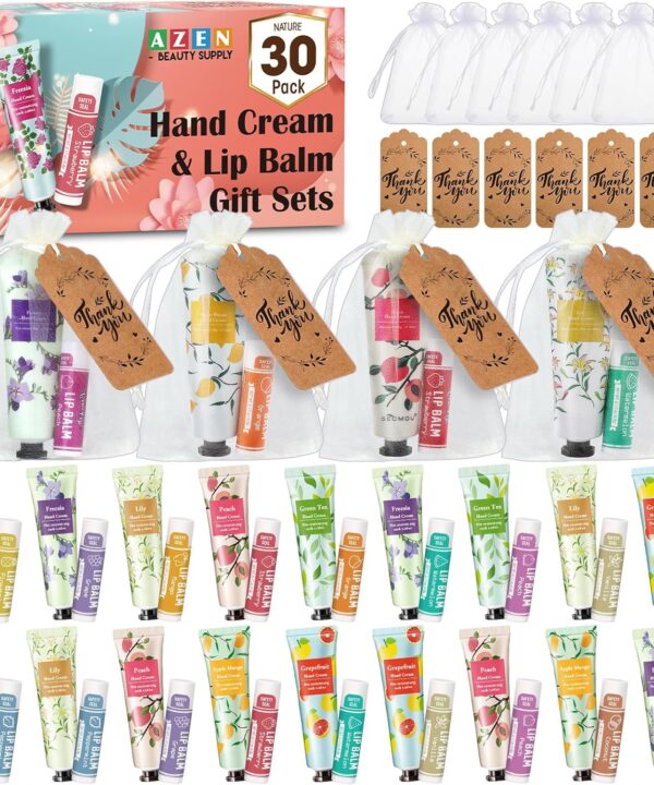 AZEN 30 Sets Bulk Gifts, Hand Cream and Lip Balm Bulk Set with Organza Bag Thank You Card, Baby Shower Wedding Gifts for Guests, Bridal Wedding Favors for Guests,Thank You Gifts for Women