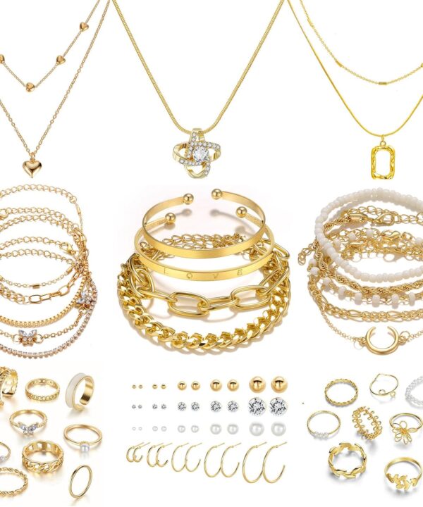 IFKM Gold Plated Jewelry Set for Women,14k Gold Plated Multi Layer Necklaces Stackable Bangle Bracelets Stackable Knuckle Rings Hoop Earrings Set Anniversary Trendy Elegance Charms Anniversary Birthday Jewelry Gift