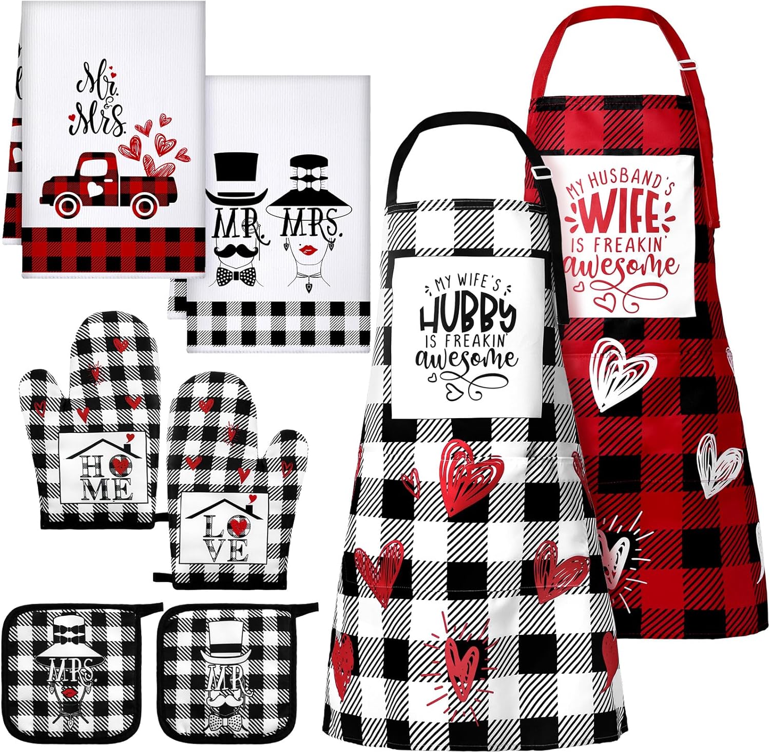 Xtinmee Christmas Mr and Mrs Aprons for Couples Bridal Shower Gifts Towel Oven Mitt Pot Holder Wedding Kitchen