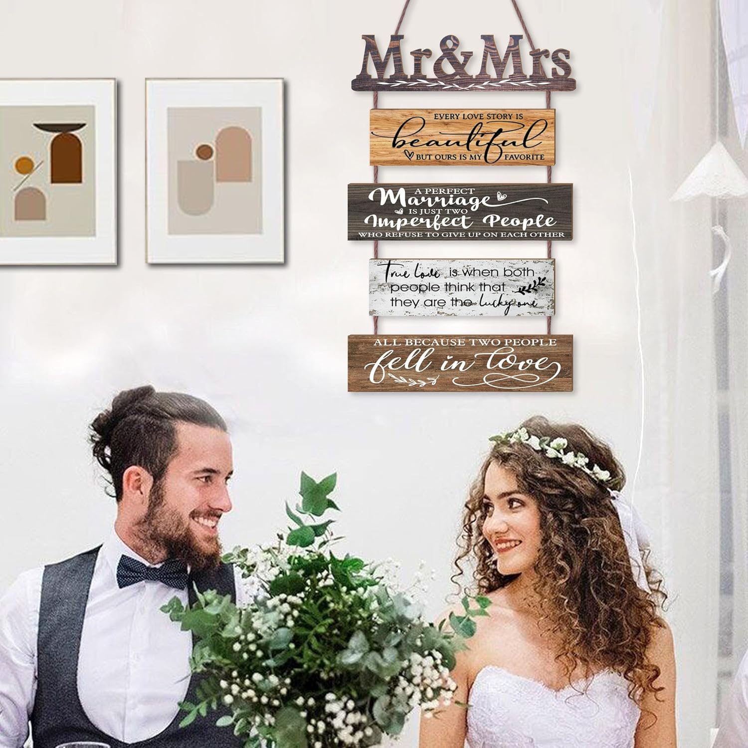 Mr & Mrs Rustic Wall Collage Sign with 5pcs Panels Strung Together – Marriage Wedding Engaged Anniversary Shower Farmhouse Distressed Wall Decor – Sweet Warming Gifts for Wife Husband Couples