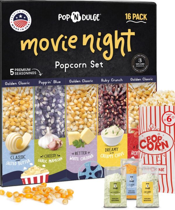 Pop n' Dulge Popcorn Movie Night Supplies 16 pcs Gift Set, 5 Gourmet Popcorn Kernels, 5 Seasoning Variety Packs Non-GMO Kosher Snacks, Great Housewarming Family Date Night Gifts Basket Ideas For Him Her