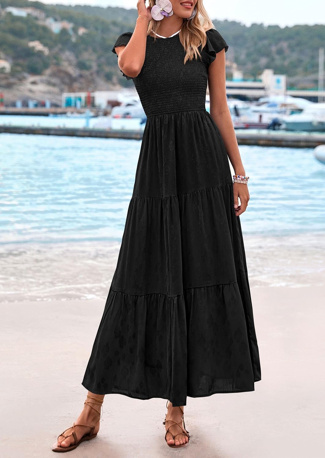 PRETTYGARDEN Wedding Guest Dresses for Women 2025 Summer Floral Cap Sleeve Smocked A Line Long Elegant Party Boho Dress