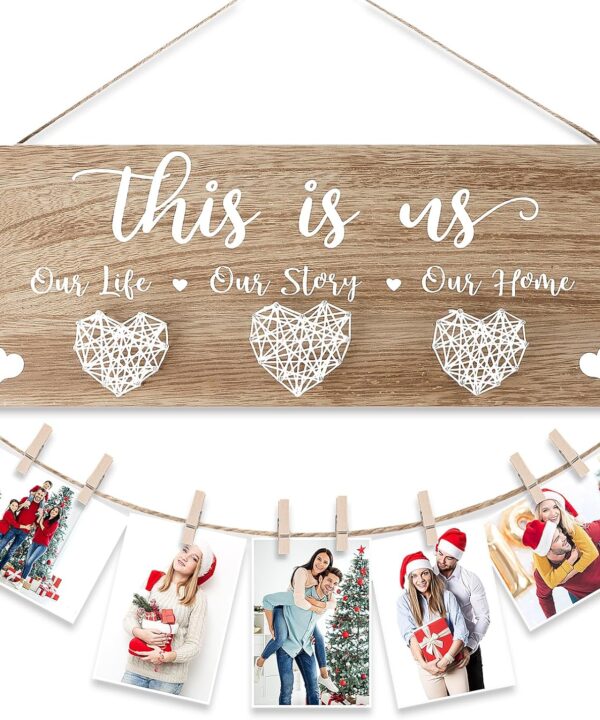AKEROCK Couples Christmas Gifts, This Is Us Wall Decor, Rustic Wooden Hanging Christmas Picture Frame - Christmas Gift for Couples, Family, Housewarming, Home, Wedding - Natural