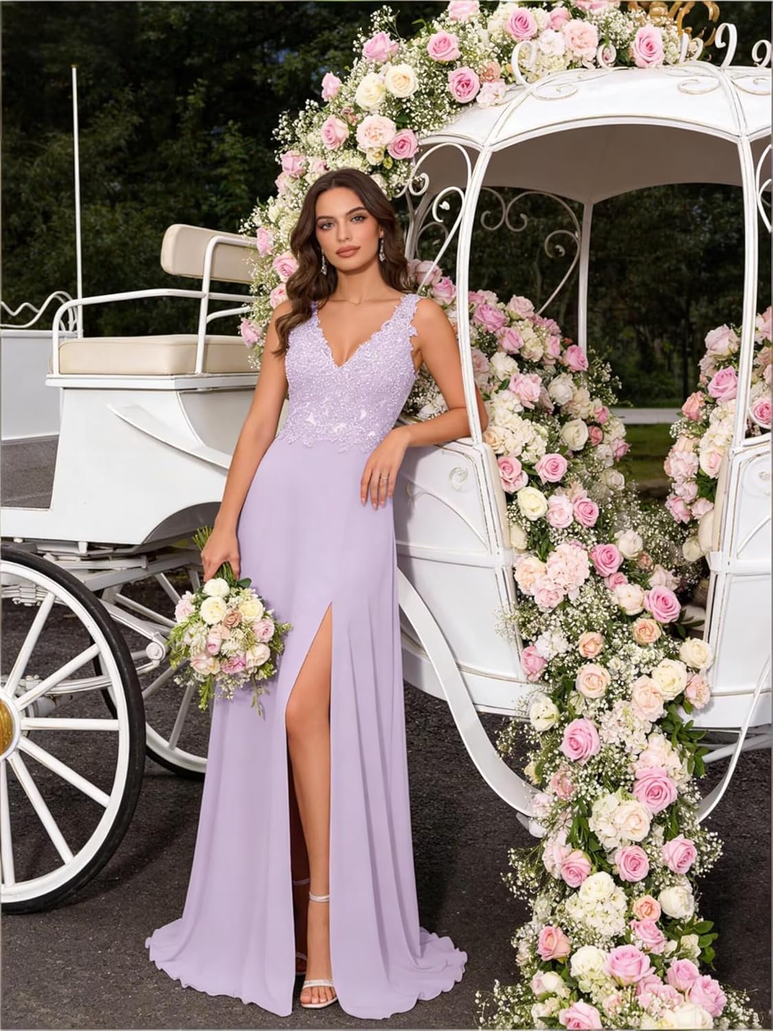 ForElise Womens Bridesmaid Dresses Long Chiffon Slit Semi Formal Dresses V-Neck Backless A-Line Evening Gowns for Wedding