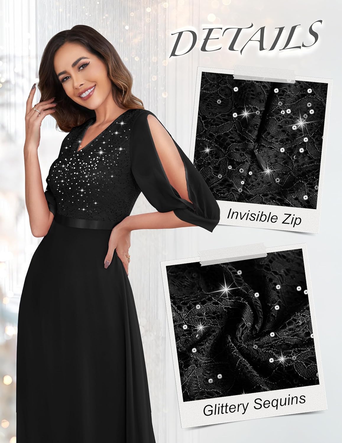 Wedtrend Womens Sequin Dresses Sparkly Glitter Dress Split Sleeves Formal Dresses Maxi Evening Dress