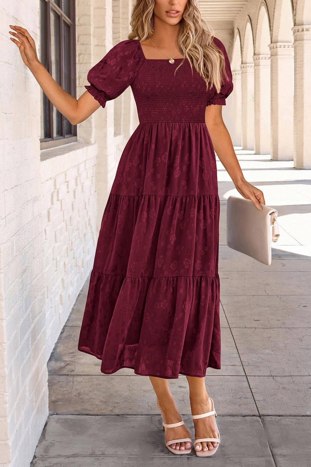 PRETTYGARDEN Womens 2025 Summer Casual Midi Dresses Square Neck Short Sleeve Smocked A Line Floral Flowy Elegant Boho Dress