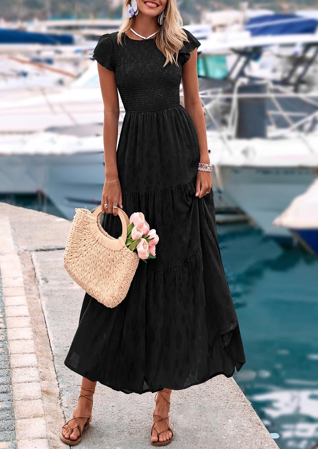 PRETTYGARDEN Wedding Guest Dresses for Women 2025 Summer Floral Cap Sleeve Smocked A Line Long Elegant Party Boho Dress