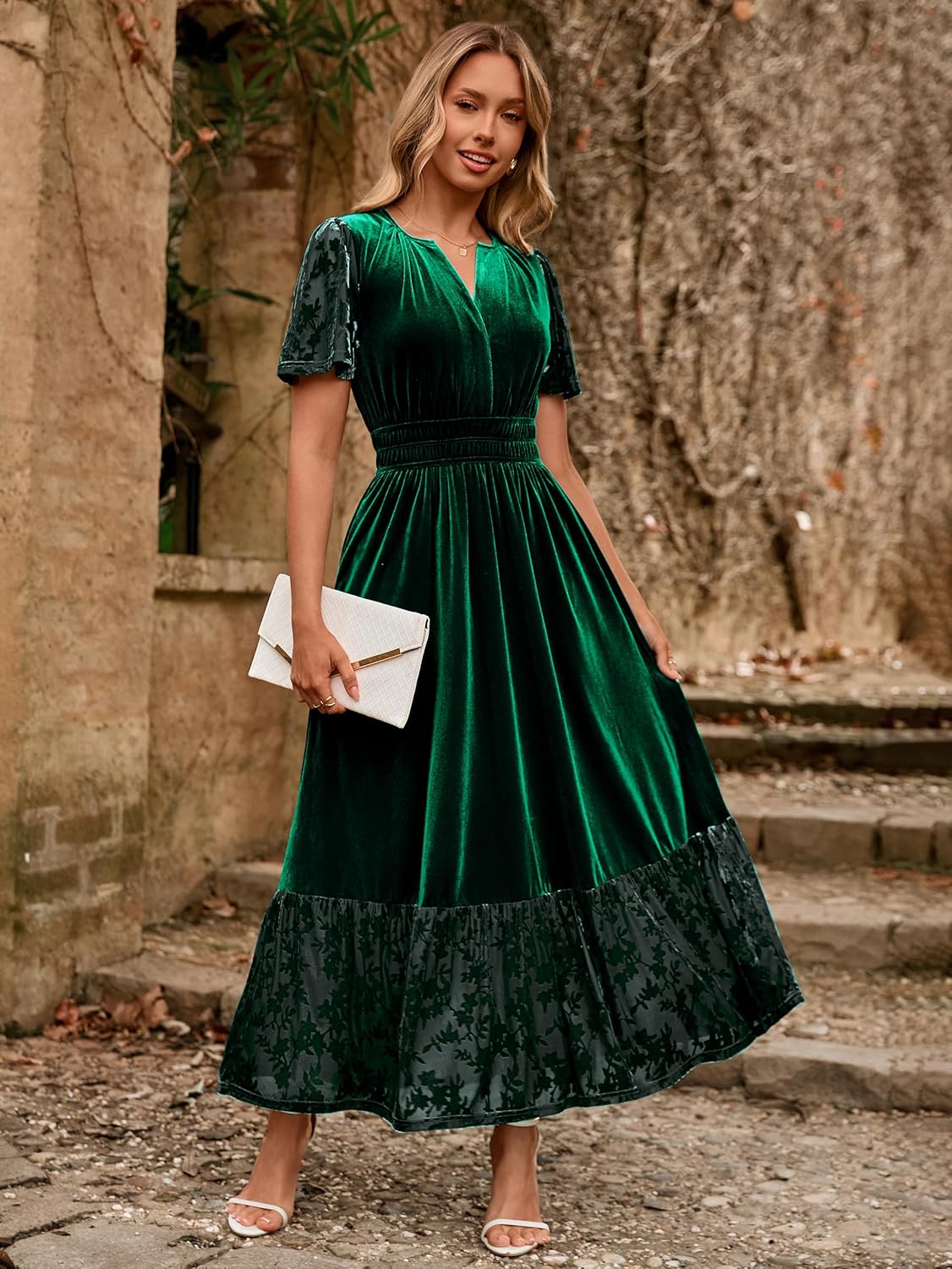 Simplee Womens Formal Velvet Maxi Dress Fall Winter V Neck Floral Short Sleeve Empire Waist Wedding Guest Dresses