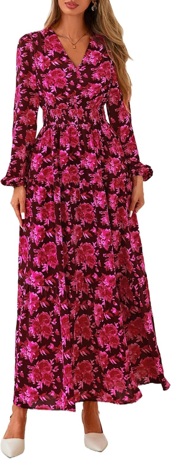 PRETTYGARDEN Long Sleeve Maxi Fall Dresses for Women 2025 Vneck Smocked Boho Floral Tiered Swing Flowy Wedding Guest Dress