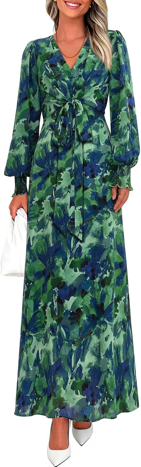 PRETTYGARDEN Women's 2026 Spring Wedding Guest Dresses Floral Long Sleeve V Neck Belted Long Flowy Boho Maxi Dress
