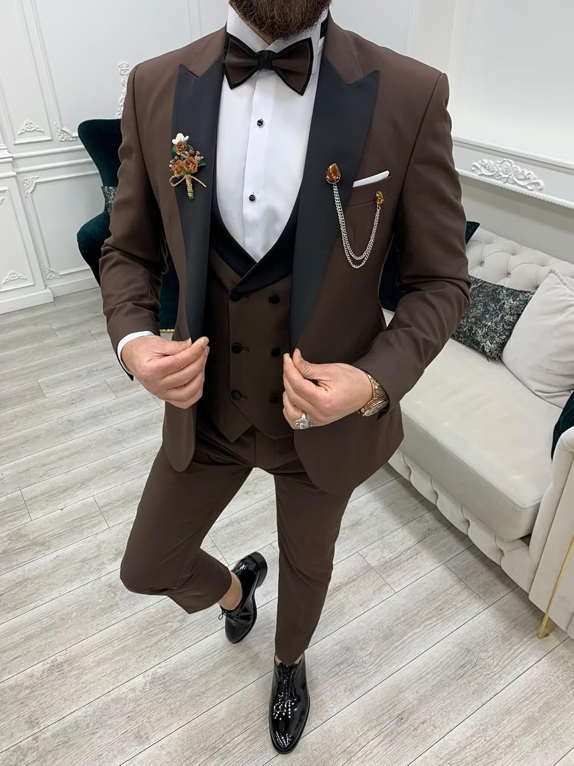 Wangyue Double Breasted Mens Tuxedo Suit Set 3 Piece Wedding Tuxedos for Men Slim Fit Prom Suits Groom Tux with Bow Tie